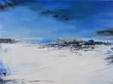 abstract painting of a blue sky with clouds over a beach