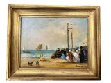 tableau représentant une scène de plage avec des personnes et des bateaux sur l'eau
