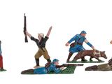 several figurines of soldiers with weapons and dogs on a white background