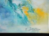 painting of a blue and yellow abstract painting with a black frame