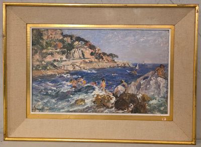 tableau encadré représentant une scène de plage avec un voilier sur l'eau