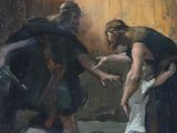painting of a group of people in a room with a man on the floor