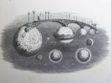 an illustration of a drawing of a space station with planets and satellites
