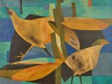 une image représentant un tableau sur lequel figurent deux oiseaux sur un fond bleu et vert