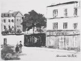 drawing of a street scene with a man walking down the street