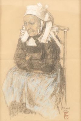 dessin représentant une vieille femme assise sur une chaise, avec un chat sur les genoux