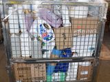 a metal cart filled with bottles of water and other items