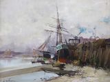 une peinture représentant un bateau dans l'eau, près du rivage