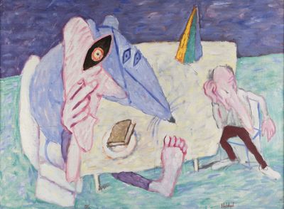 un tableau représentant un homme assis à une table sur la plage