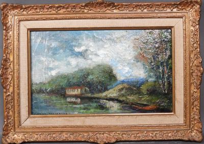 une peinture à l'huile représentant une scène de rivière avec un bateau au premier plan