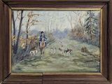 tableau représentant un homme à cheval accompagné d'une meute de chiens dans une zone boisée