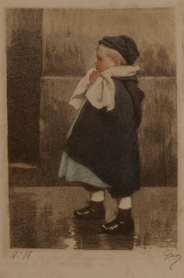 un dessin représentant une petite fille en robe bleue et avec un chapeau