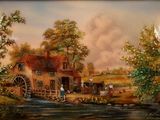 reproduction d'un tableau représentant une scène de vie à la ferme, avec une roue à eau au premier plan