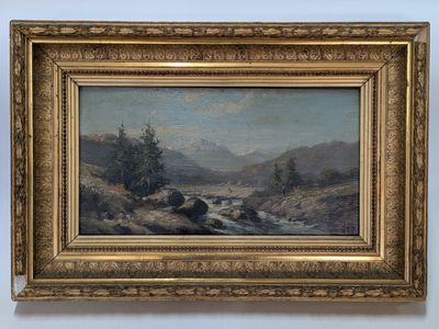 une peinture à l'huile représentant un paysage de montagne avec une rivière au premier plan et des arbres au premier plan