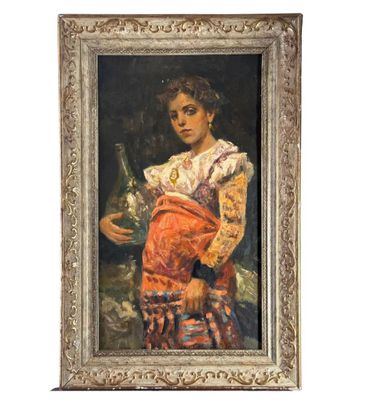 a painting of a woman holding a bottle of wine in her hand