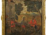 un tableau représentant un groupe d'hommes jouant de la musique dans un décor boisé