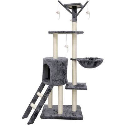 a cat tree with a cat toy and a bowl on top of it