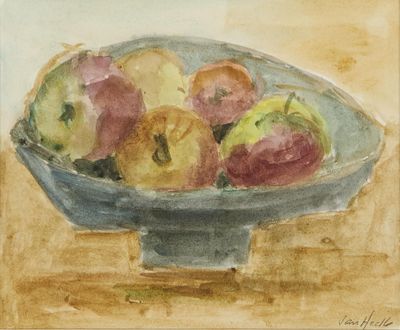 un tableau représentant des pommes dans un bol posé sur une table