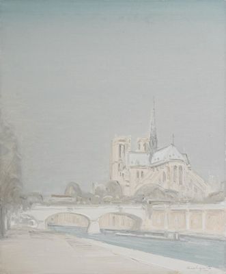 une photo d'un tableau représentant une église au bord de l'eau