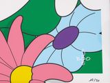 brightly colored flowers on a white background with a green border