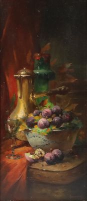 painting of a still life with a bowl of plums and a vase