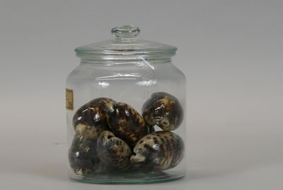 a glass jar with eggs inside of it on a white surface