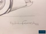 pencil drawing of a camera lens with the words and date on it