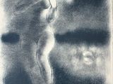 a drawing of a woman standing in front of a full moon
