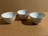 three bowls sitting on a cardboard box on a table