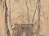 drawing of a gazebo in a wooded area with trees and a bench