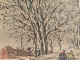 a painting of two people riding horses in the snow