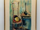 painting of a chair and a table with a vase on it