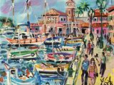 tableau représentant des bateaux dans un port, avec des personnes marchant sur le rivage