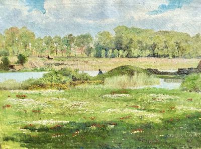 a painting of a field with a river in the background