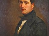 une peinture à l'huile représentant un homme vêtu d'un manteau noir et d'une chemise blanche