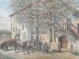 une peinture représentant une calèche devant un immeuble