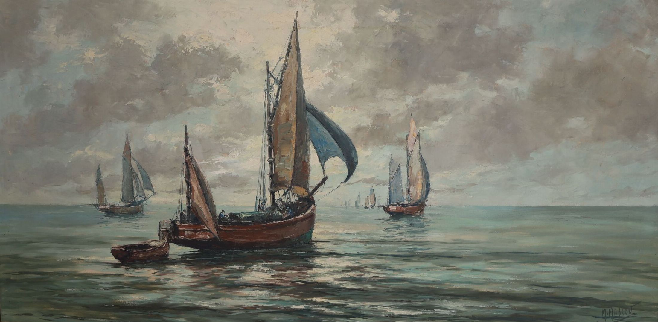 Marcel MASSON (1910-1988) alias Antoine BLANCHARD. Marine. Huile sur toile, signée en bas à droite. H_60 cm L_120 cm