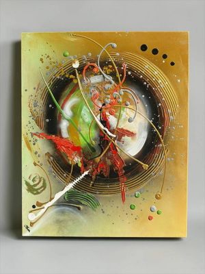 painting of a painting of a clock with a red bird on it ' s face