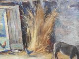 a painting of a donkey eating hay in front of a barn