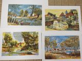 four paintings of different landscapes are displayed on a tile floor