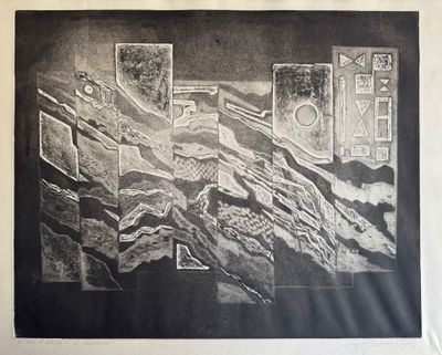 un dessin représentant une photo en noir et blanc d'une montagne