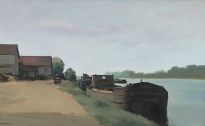 a painting of a boat on the shore of a lake