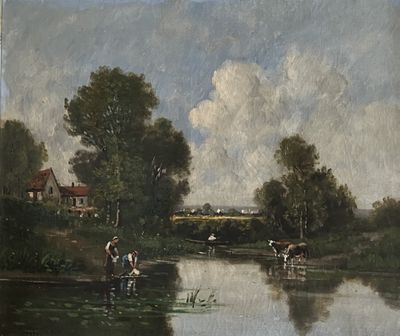 un tableau représentant des vaches au bord d'une rivière, avec une maison en arrière-plan