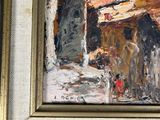 une peinture à l'huile représentant une scène de rue avec une personne marchant dans la rue