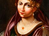 an old painting of a woman in a green dress and a pink hat