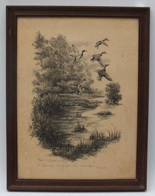 un vieux dessin représentant des canards survolant une rivière au milieu d'une zone boisée