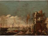 une image d'une peinture représentant une scène de port avec des bateaux dans l'eau