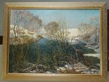 an oil painting of a river in a snowy landscape with trees