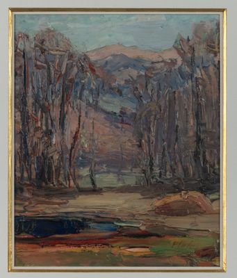 an oil painting of a landscape with trees and water