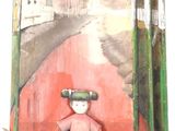 a painting of a person sitting on a bench with a camera on their head